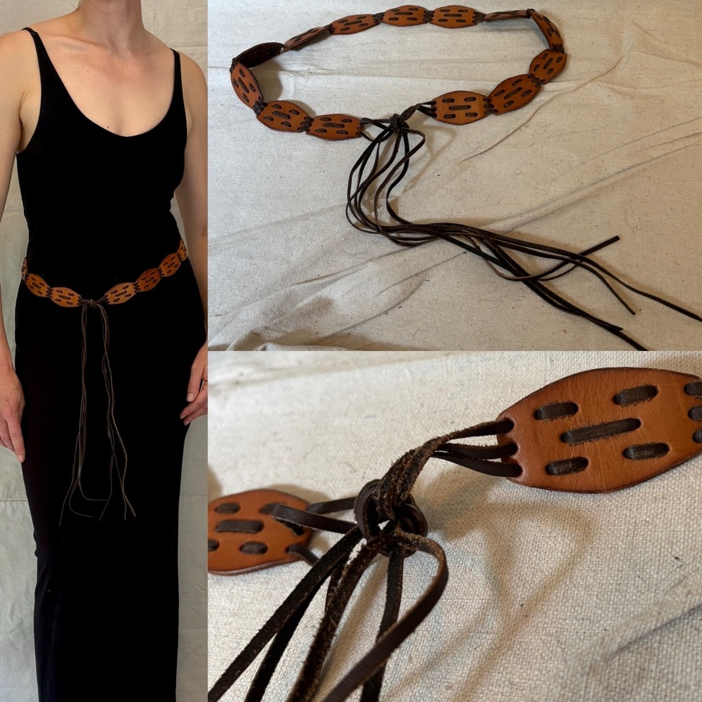 Vintage 70s Brown Oval Woven Leather Concho Hip Belt Tie Fringe Closure size M/L